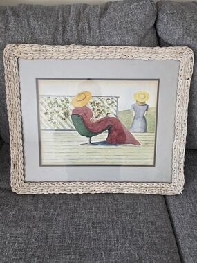 Wicker-Framed Beachside Print - Cream Frame with Multicolor Artwork
